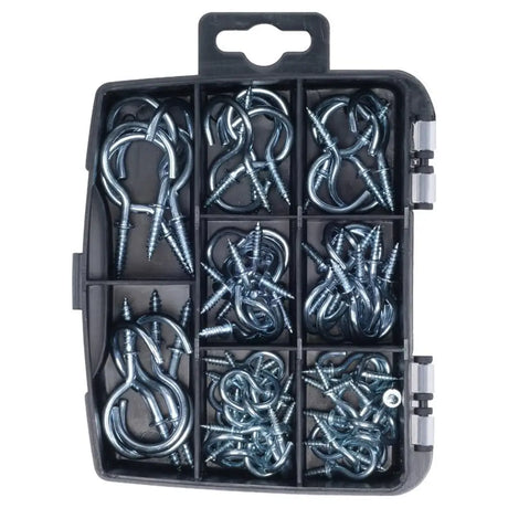 Handy Hardware Fasteners Fixings in Storage Case Round Screw Hooks Galvanised Iron Assorted Sizes 70Pcs 281367