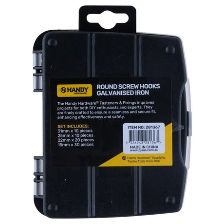 Handy Hardware Fasteners Fixings in Storage Case Round Screw Hooks Galvanised Iron Assorted Sizes 70Pcs 281367