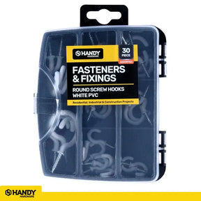 Handy Hardware Fasteners Fixings in Storage Case Round Screw Hooks White PVC Assorted Sizes 30Pcs 281374