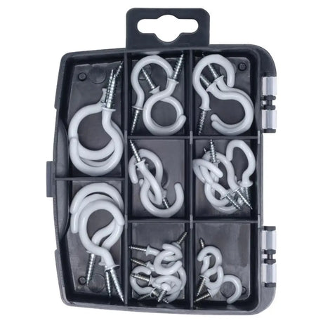 Handy Hardware Fasteners Fixings in Storage Case Round Screw Hooks White PVC Assorted Sizes 30Pcs 281374