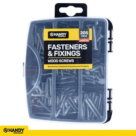 Handy Hardware Fasteners Fixings in Storage Case Wood Screws Assorted Sizes 205Pcs 281411