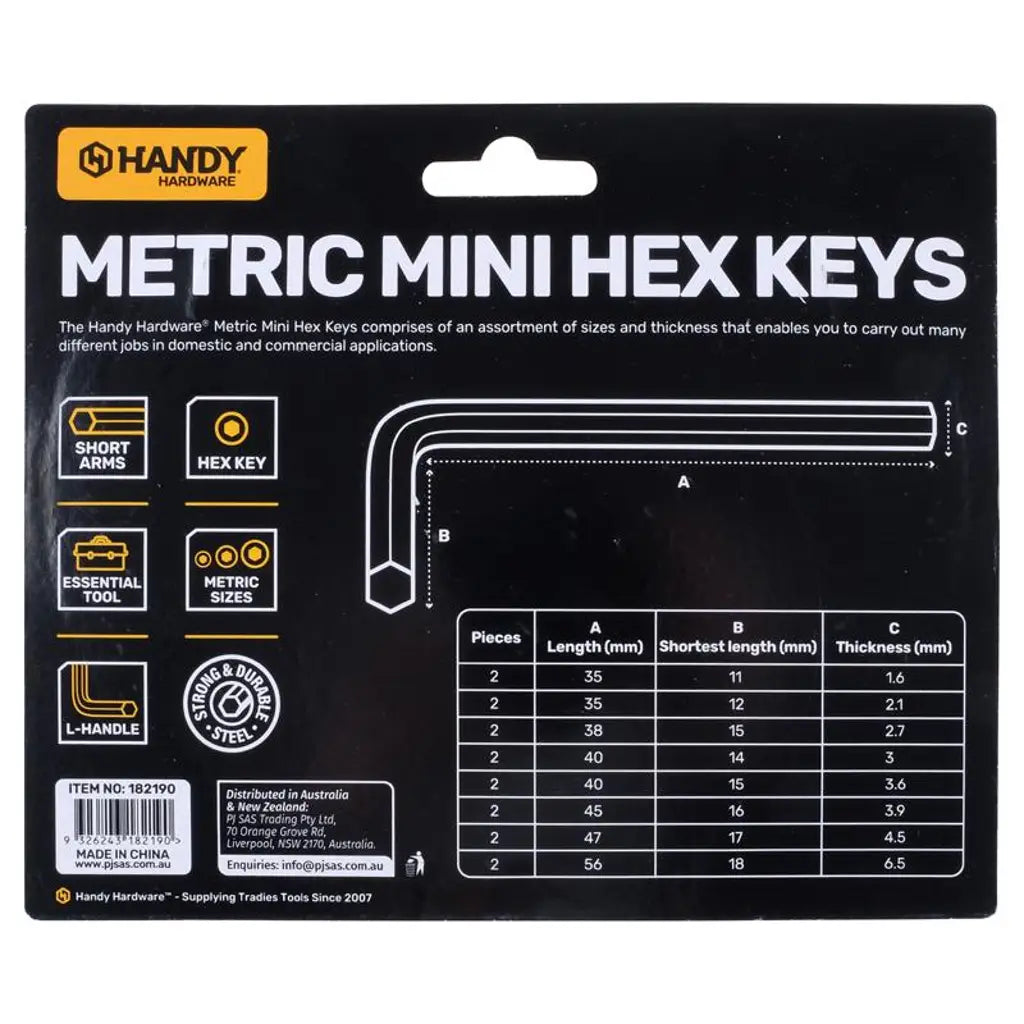 Handy Hardware Metric Mini Hex Keys Set 16Pcs 182190