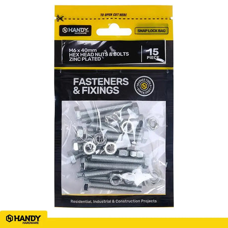 Handy Hardware Nuts Bolts Hex Head Zinc Plated M6x40mm 15Pcs 225385