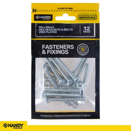Handy Hardware Nuts Bolts Hex Head Zinc Plated M6x50mm 12Pcs 225392