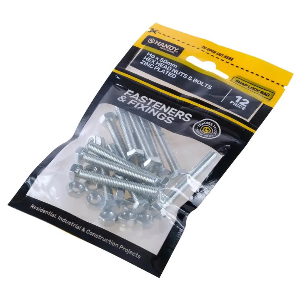 Handy Hardware Nuts Bolts Hex Head Zinc Plated M6x50mm 12Pcs 225392