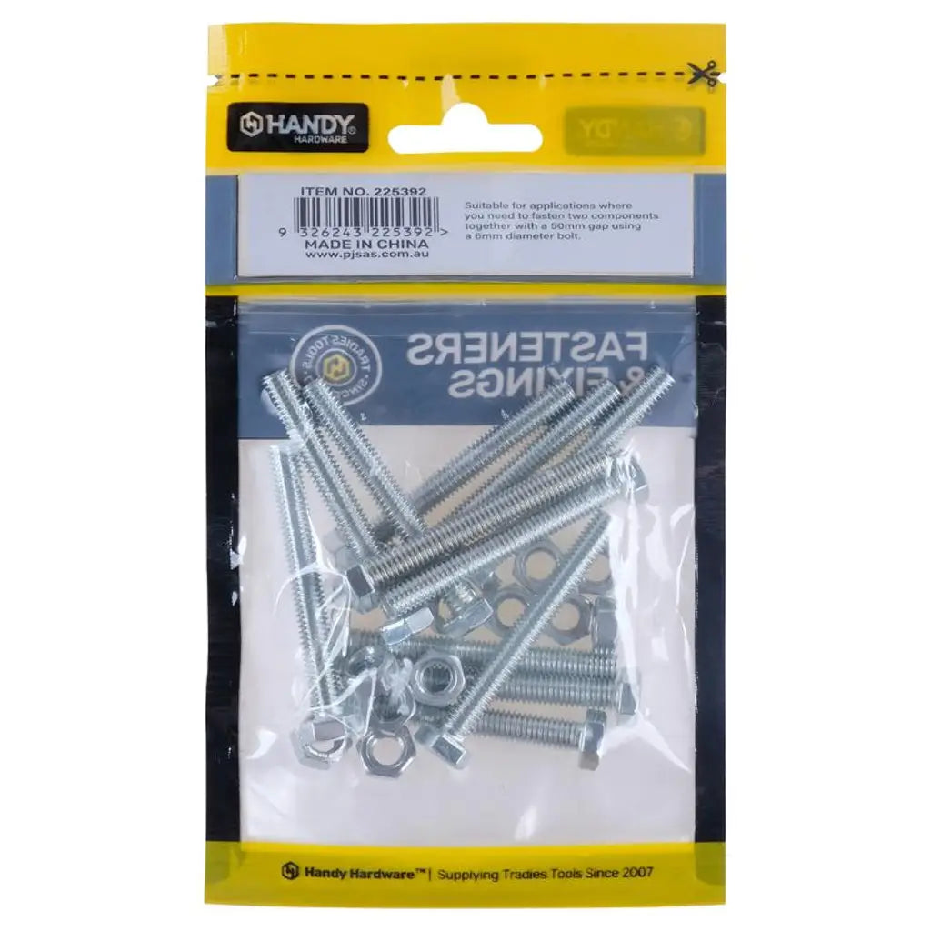 Handy Hardware Nuts Bolts Hex Head Zinc Plated M6x50mm 12Pcs 225392