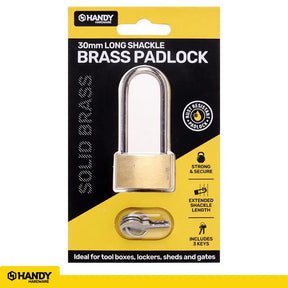Handy Hardware Padlock Solid Brass Long Shackle 30mm Includes 3 Keys 277063
