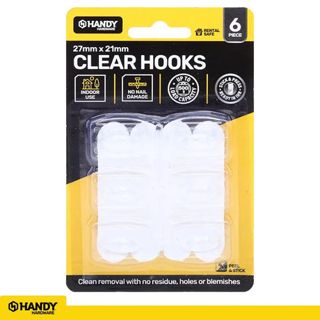 Handy Hardware Removable Clear Hooks 27x21mm 500g 6Pk 217892