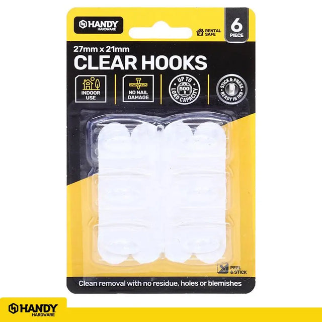 Handy Hardware Removable Clear Hooks 27x21mm 500g 6Pk 217892