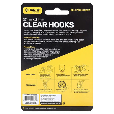 Handy Hardware Removable Clear Hooks 27x21mm 500g 6Pk 217892
