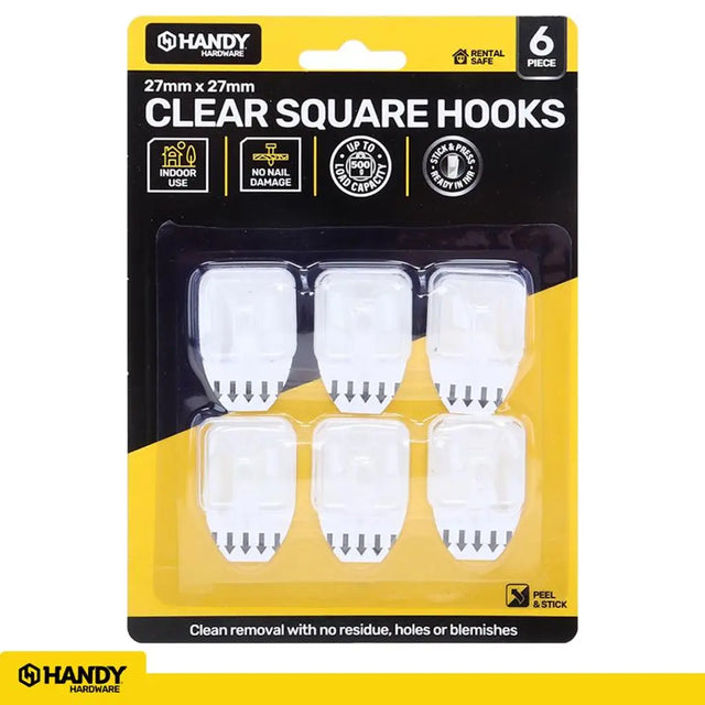 Handy Hardware Removable Clear Hooks 27x27mm 500g 6Pk 217076
