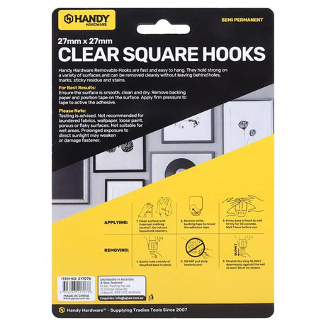 Handy Hardware Removable Clear Hooks 27x27mm 500g 6Pk 217076