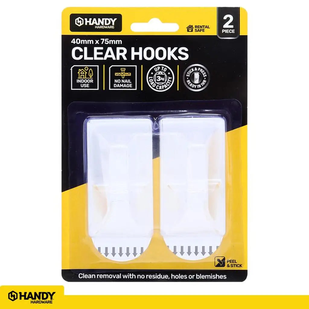 Handy Hardware Removable Clear Hooks 75x40mm 3Kg 2Pk 217090