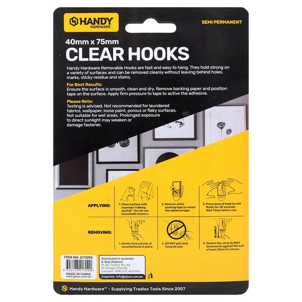 Handy Hardware Removable Clear Hooks 75x40mm 3Kg 2Pk 217090
