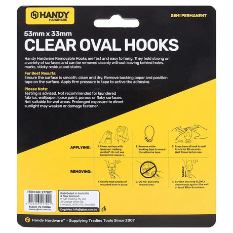 Handy Hardware Removable Clear Oval Hooks 53x33mm 2Kg 3Pk 217021