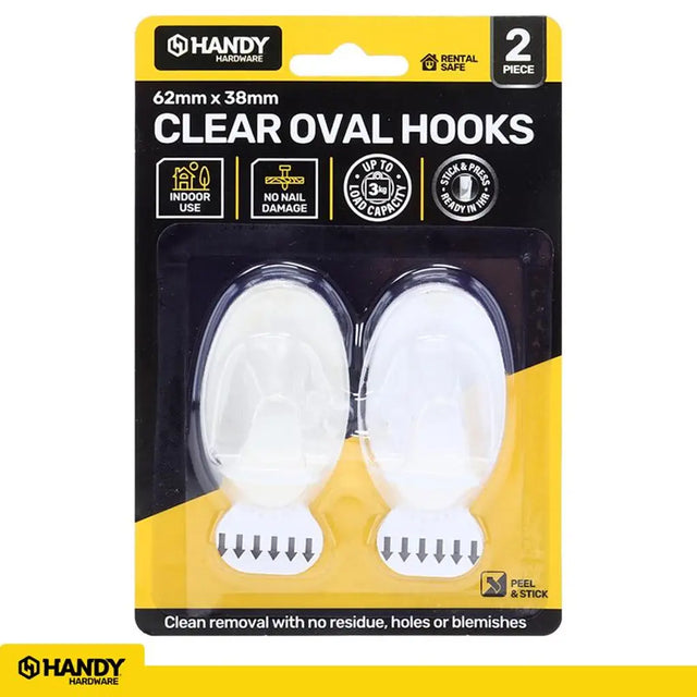Handy Hardware Removable Clear Oval Hooks 62x38mm 3Kg 2Pk 217014