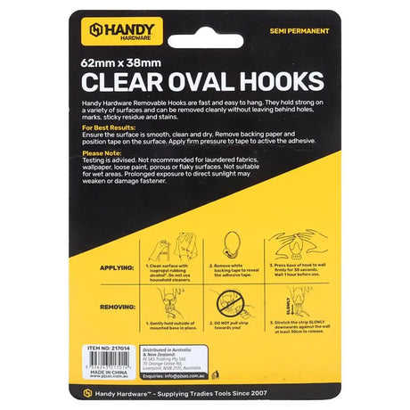 Handy Hardware Removable Clear Oval Hooks 62x38mm 3Kg 2Pk 217014