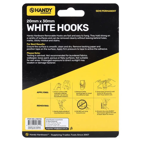 Handy Hardware Removable Hooks 30x20mm 4Pk 218110