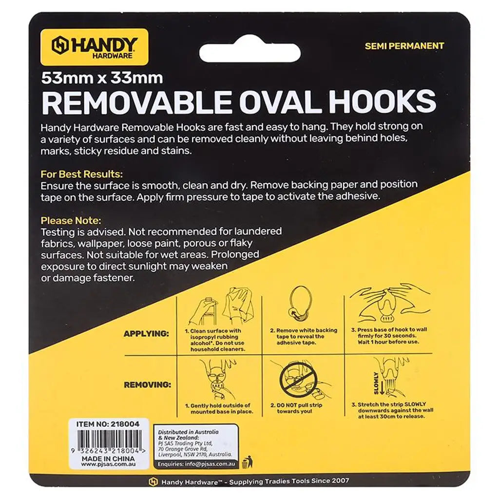 Handy Hardware Removable Oval Hooks 53x33mm 2Kg 3Pk 218004