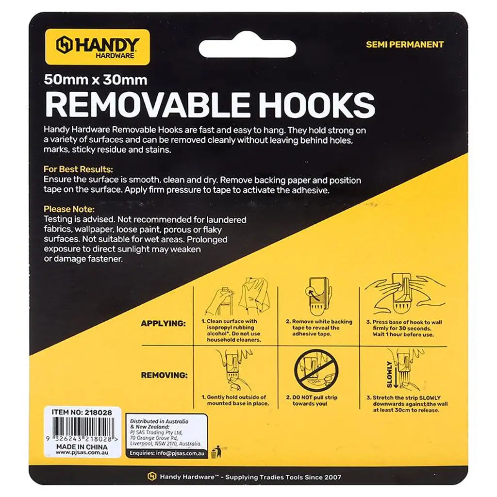 Handy Hardware Removable Rectangle Hooks 50x30mm 2Kg 3Pk 218028