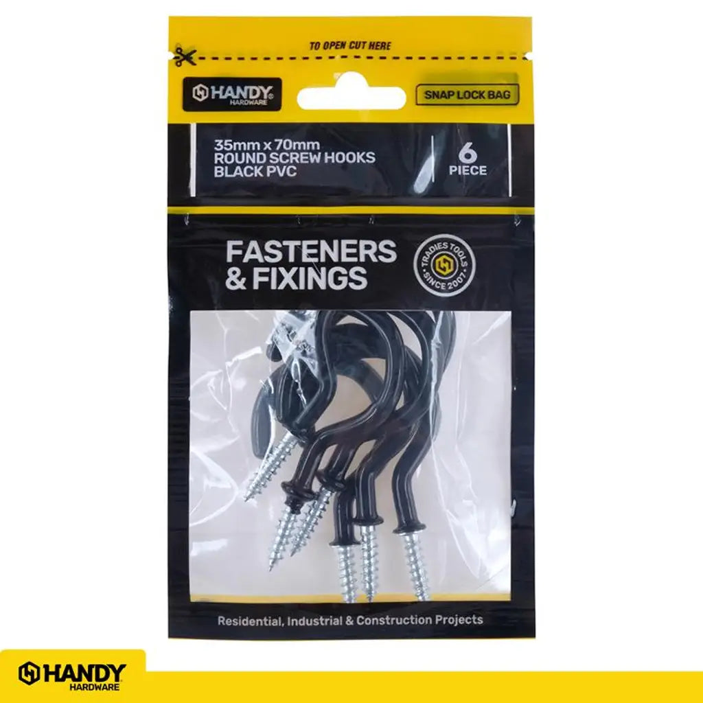 Handy Hardware Round Screw Hooks Black PVC 35x70mm 6Pcs 233830