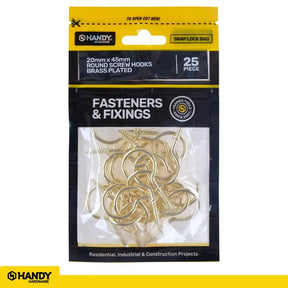 Handy Hardware Round Screw Hooks Brass Plated 20x45mm 25Pcs 225262