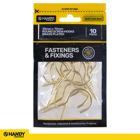 Handy Hardware Round Screw Hooks Brass Plated 35x70mm 10Pcs 225279