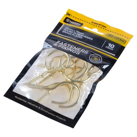 Handy Hardware Round Screw Hooks Brass Plated 35x70mm 10Pcs 225279
