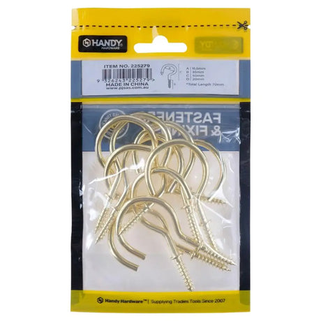 Handy Hardware Round Screw Hooks Brass Plated 35x70mm 10Pcs 225279
