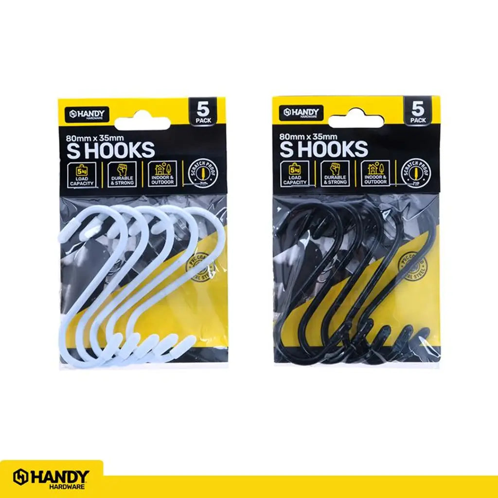 Handy Hardware S Hooks With PVC Cotaed Black Or White 80x35mm 5Pcs 234318