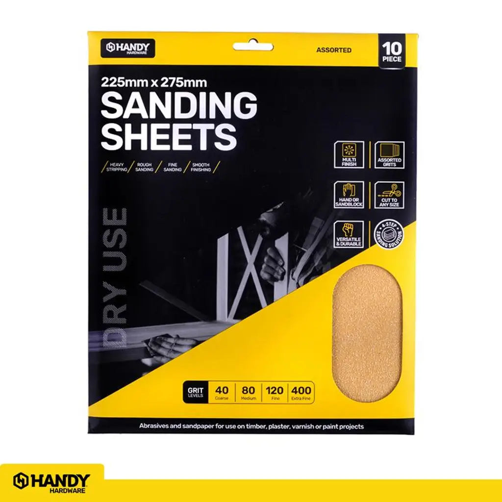 Handy Hardware Sandpaper Assorted Pack Dry Use Only 225x275mm 10Pk 96084