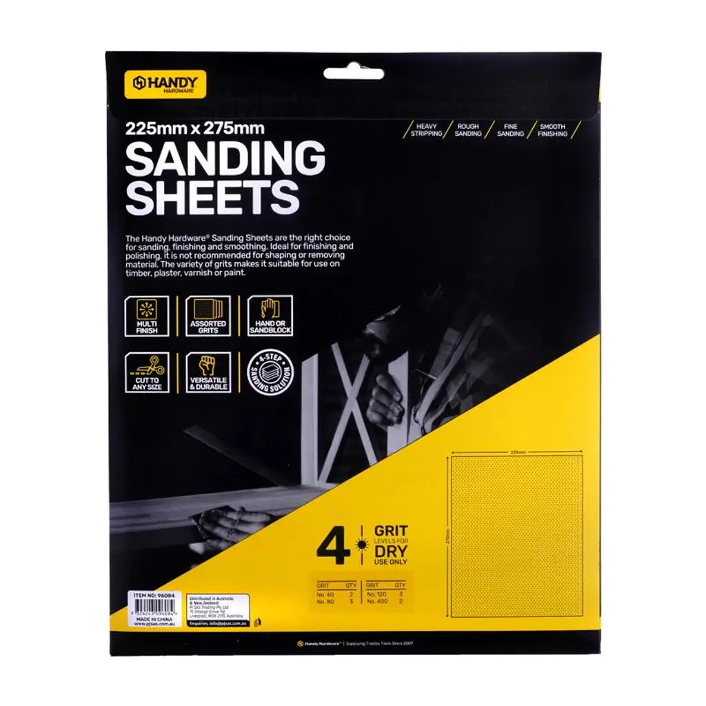 Handy Hardware Sandpaper Assorted Pack Dry Use Only 225x275mm 10Pk 96084