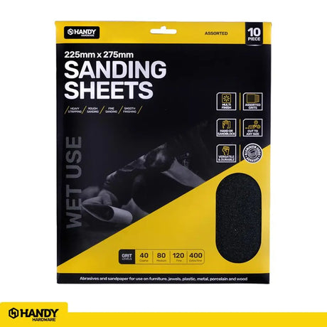 Handy Hardware Sandpaper Assorted Pack Wet Use Only 225x275mm 10Pk 14088