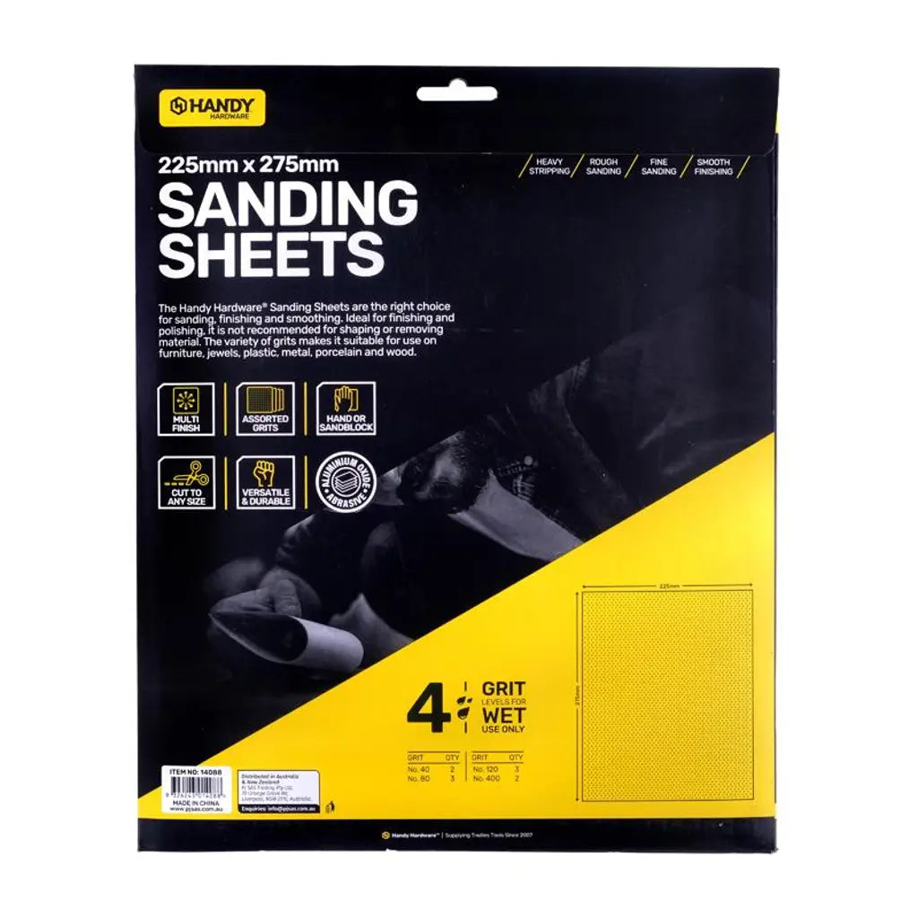 Handy Hardware Sandpaper Assorted Pack Wet Use Only 225x275mm 10Pk 14088