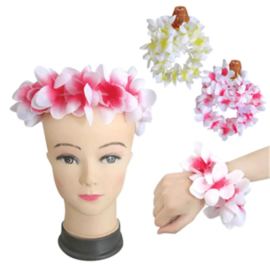 Hawaiian Pink or Yellow Lei Headband And 2 Bracelets Set A94624