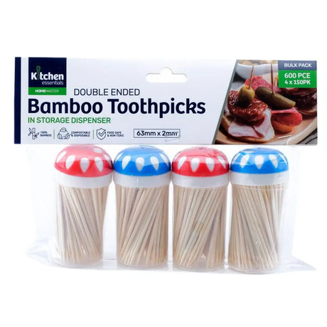 Home Master Bamboo Toothpicks Double Ended 150Pcs Each 4Pk 203833