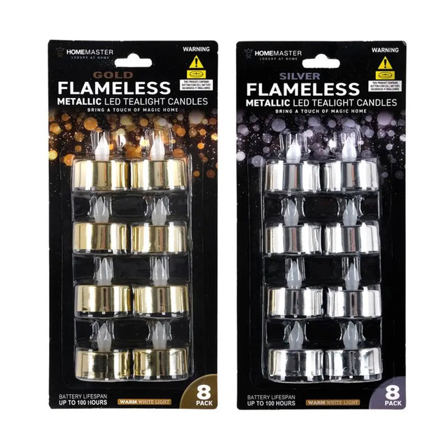 Home Master Flameless LED Metallic Tealight Candles Cool Or Warm 8Pk 259526