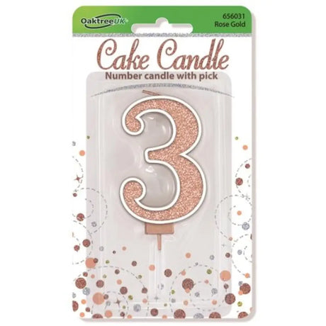 OaktreeUK Birthday Candles Number 3 Sparkling Fizz Rose Gold OT656031