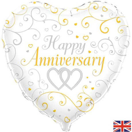 OaktreeUK Foil Balloon Happy Anniversary Linked Heart White 18in 210761
