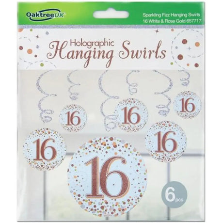 OaktreeUK Hanging Swirls 16 Birthday Sparkle Fizz Rose Gold 6Pk OT657717