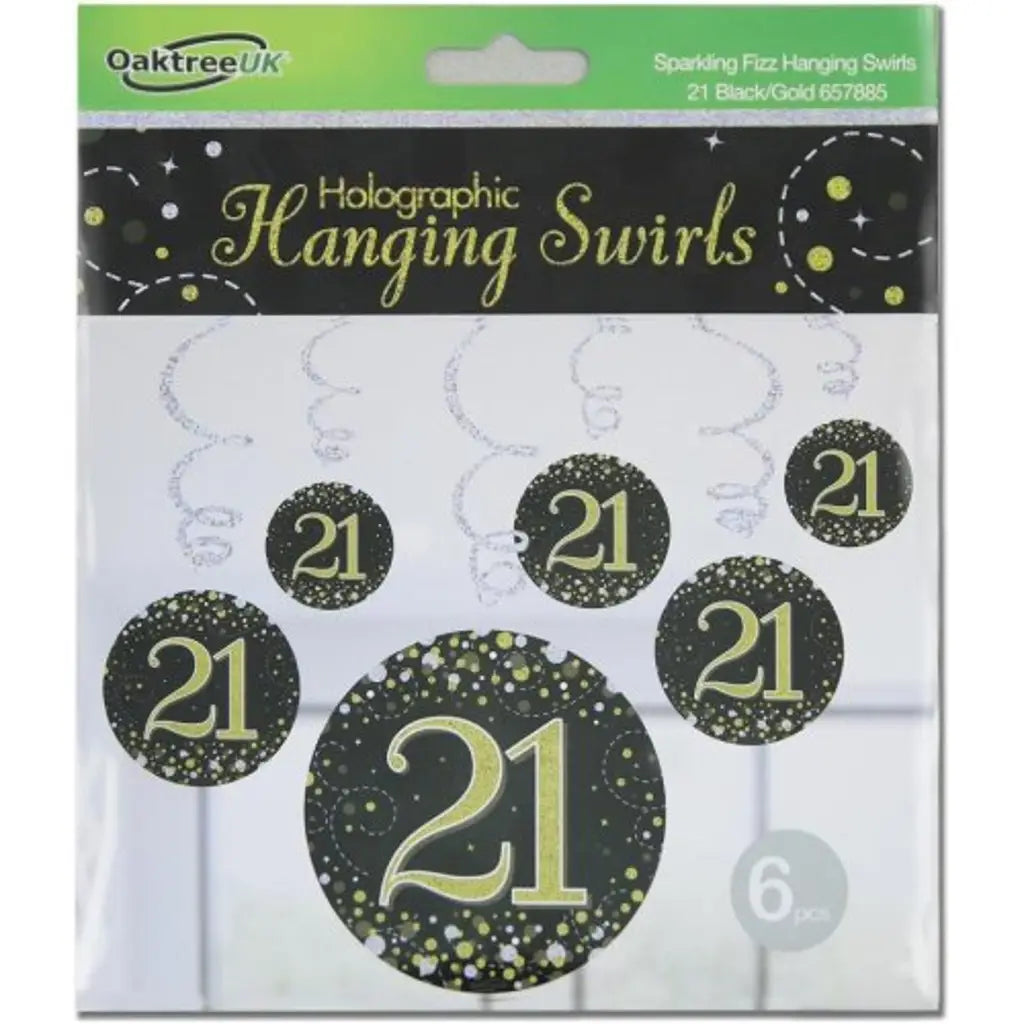 OaktreeUK Hanging Swirls 21 Birthday Sparkle Fizz Black Gold 6Pk OT657885