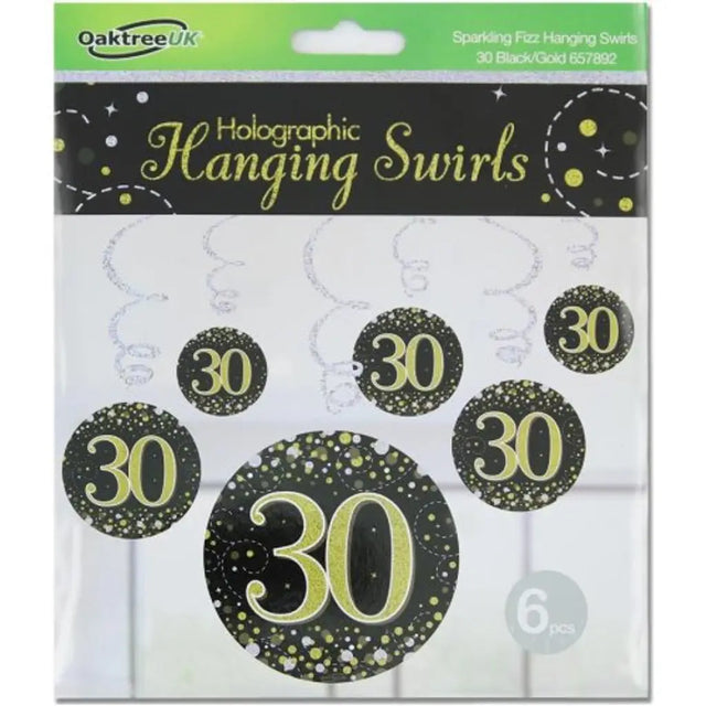 OaktreeUK Hanging Swirls 30 Birthday Sparkle Fizz Black Gold 6Pk OT657892