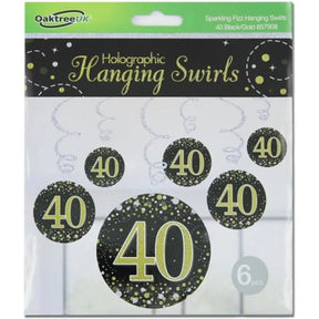 OaktreeUK Hanging Swirls 40 Birthday Sparkle Fizz Black Gold 6Pk OT657908