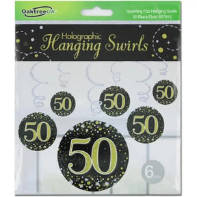 OaktreeUK Hanging Swirls 50 Birthday Sparkle Fizz Black Gold 6Pk OT657915