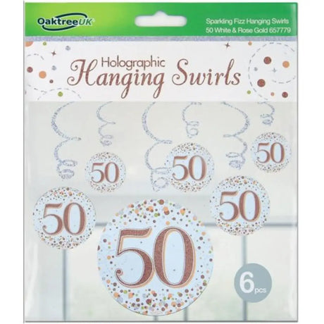 OaktreeUK Hanging Swirls 50 Birthday Sparkle Fizz Rose Gold 6Pk OT657779