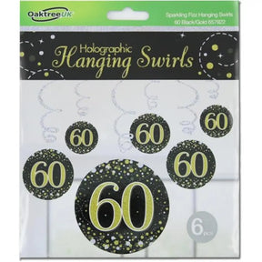 OaktreeUK Hanging Swirls 60 Birthday Sparkle Fizz Black Gold 6Pk OT657922