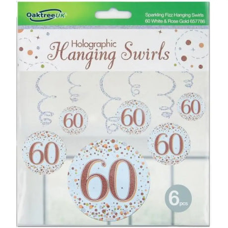 OaktreeUK Hanging Swirls 60 Birthday Sparkle Fizz Rose Gold 6Pk OT657786