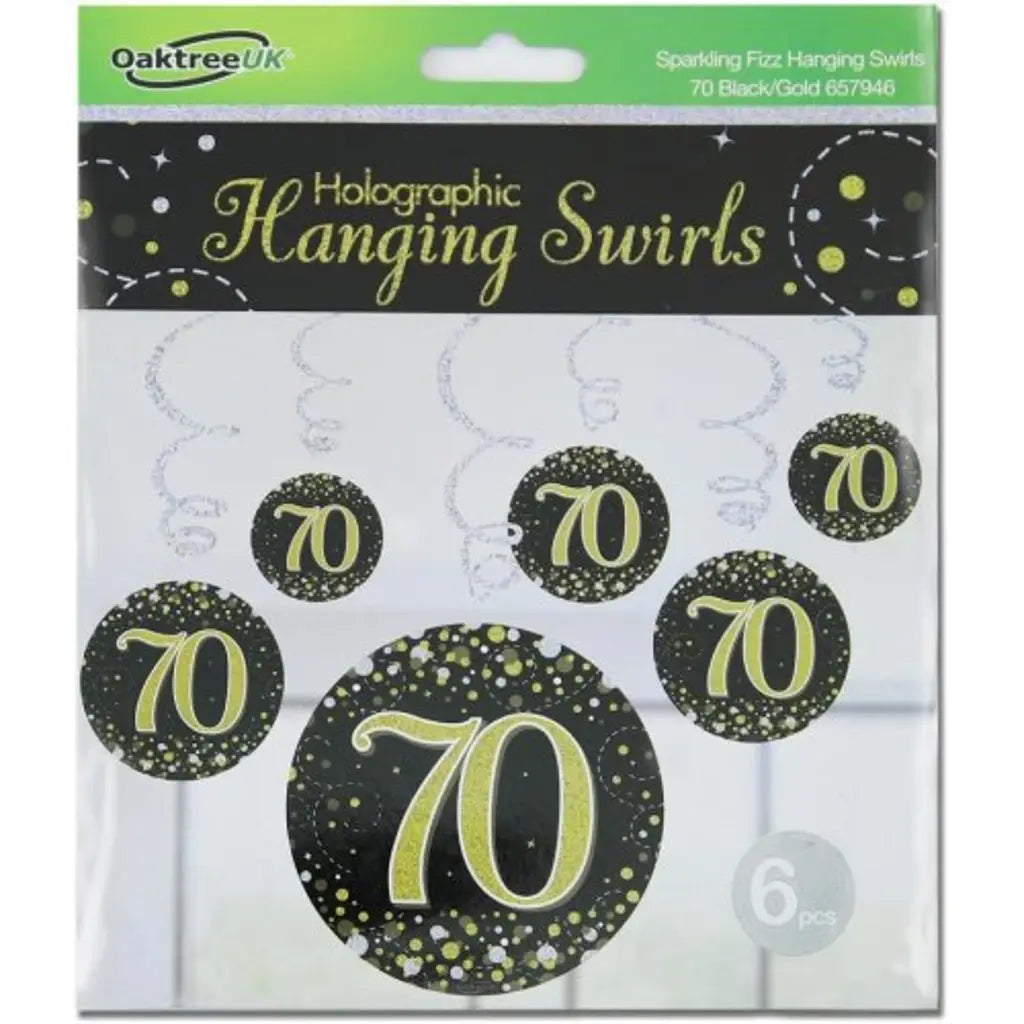 OaktreeUK Hanging Swirls 70 Birthday Sparkle Fizz Black Gold 6Pk OT657946