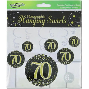 OaktreeUK Hanging Swirls 70 Birthday Sparkle Fizz Black Gold 6Pk OT657946