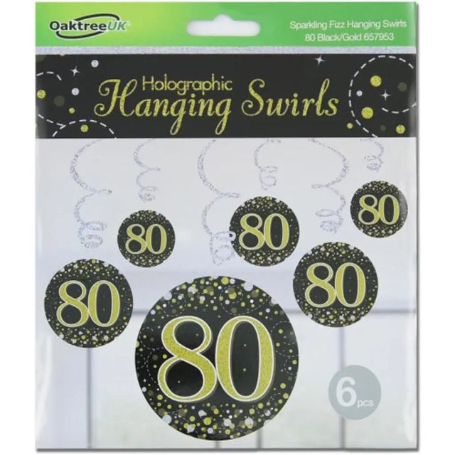 OaktreeUK Hanging Swirls 80 Birthday Sparkle Fizz Black Gold 6Pk OT657953